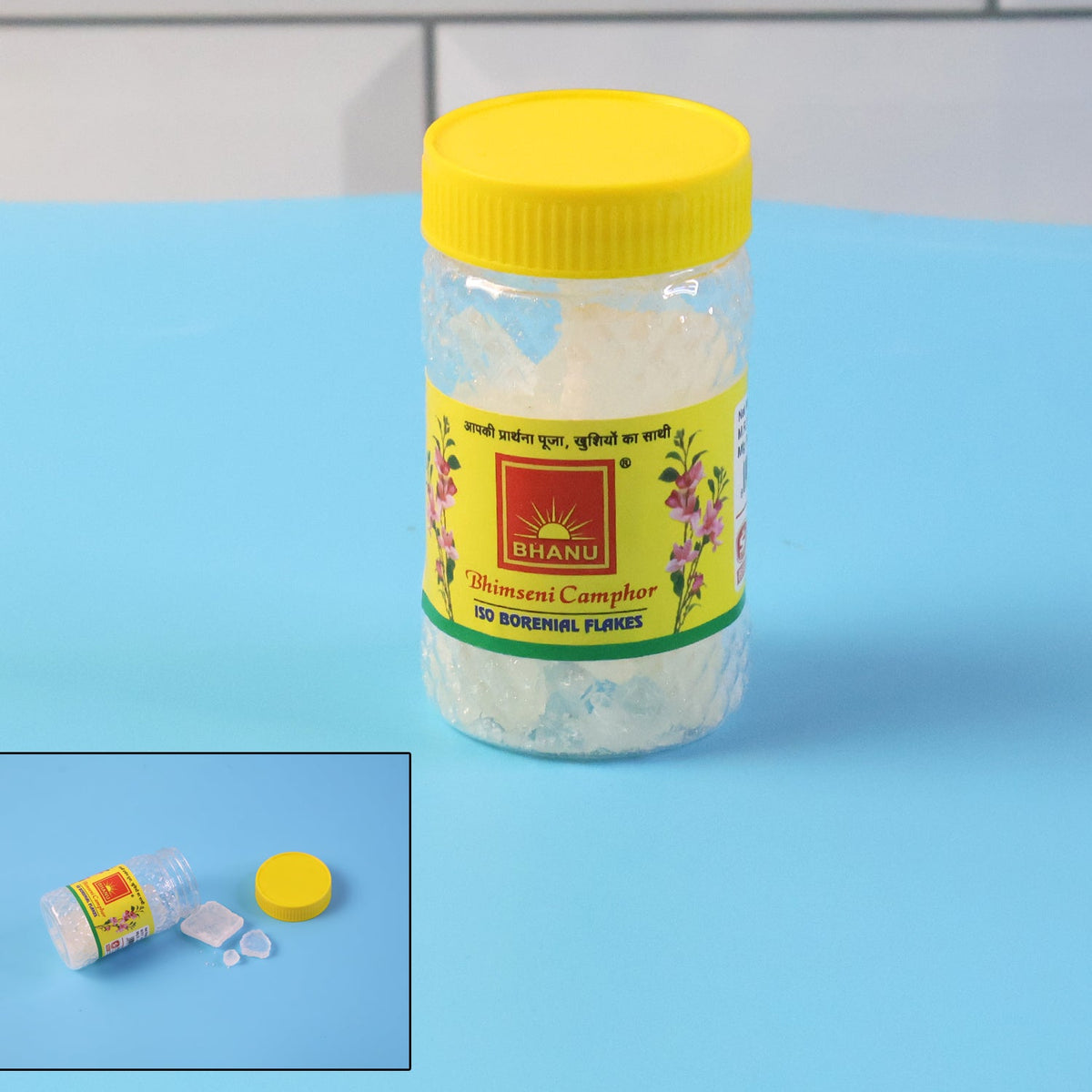 Jar of Bhimseni Camphor ISO Borneol flakes for home pooja and fragrance