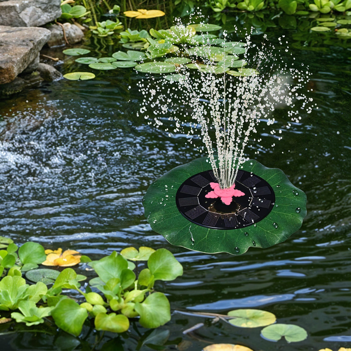 Eco-friendly solar fountain pump with unique green leaf and pink star design