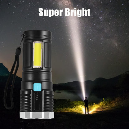 The 4-LED Rechargeable Torch Light focused on a distant object, showing its powerful long-distance beam.