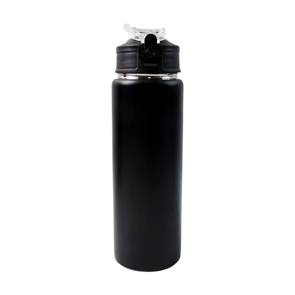 Portable stainless steel sports water bottle in sleek matte black