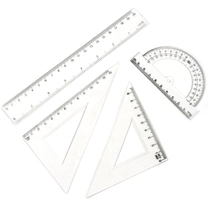 Triangle scale and protractor in clear plastic geometry measurement set