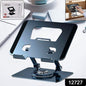 User demonstrating the 360-degree rotation of the aluminum adjustable laptop stand.