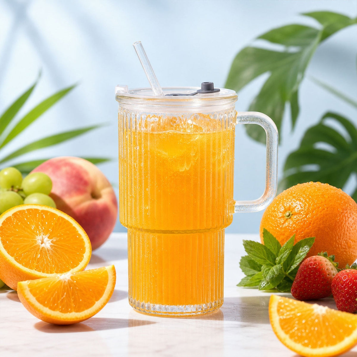 Close-up of glass tumbler for cold drinks and juice