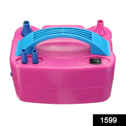 The compact electric balloon pump with its power cord and dual inflation nozzles.