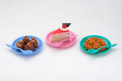 Three-piece snack set neatly arranged, highlighting the bowl, dish, and spoon for convenient serving.