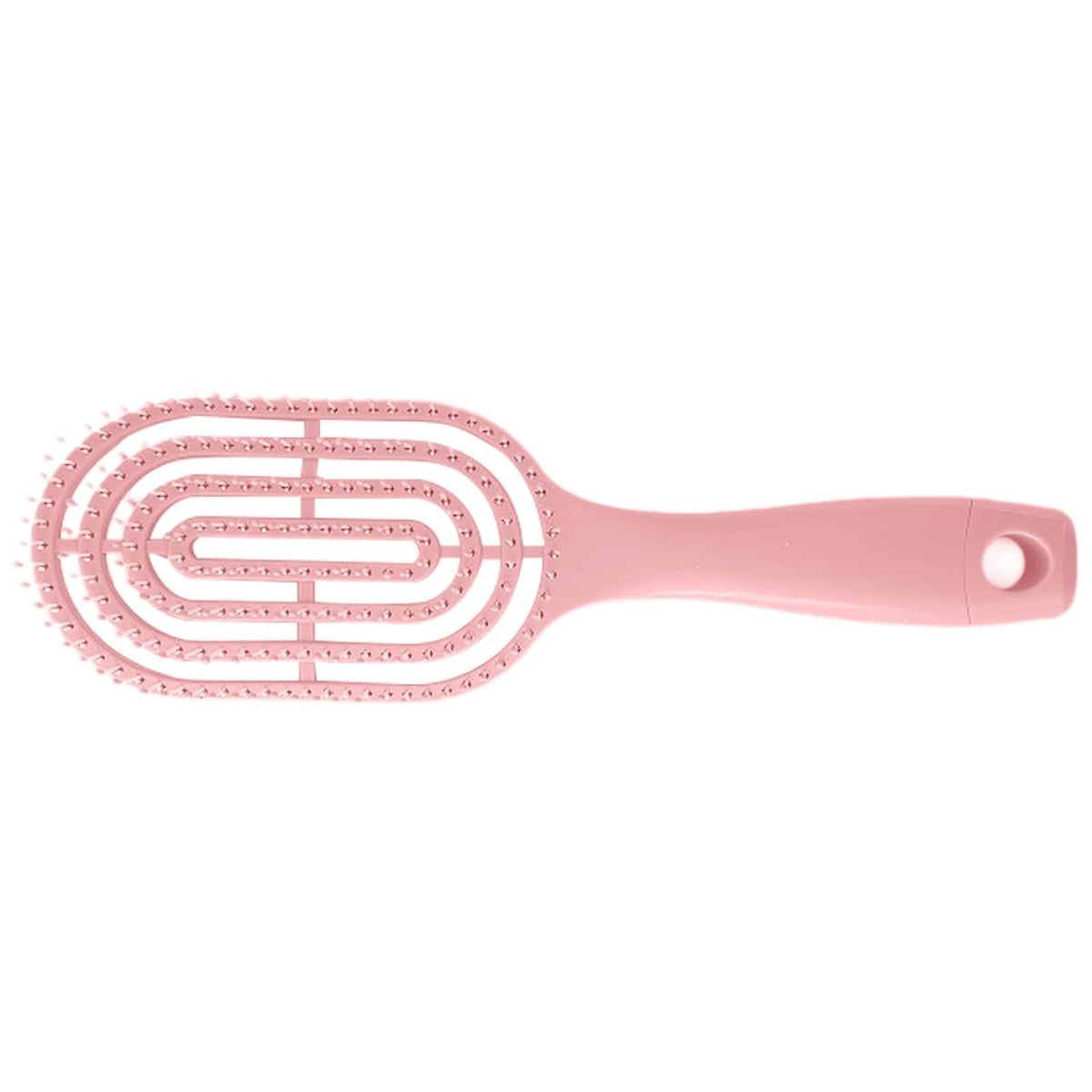 Detail of curved head and flexible bristles for scalp massage on hair brush