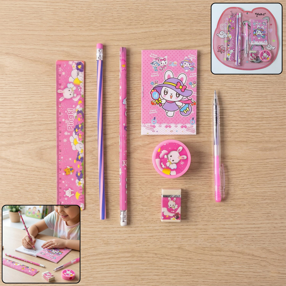 Pink 7-in-1 childrenÕs stationery components with playful designs