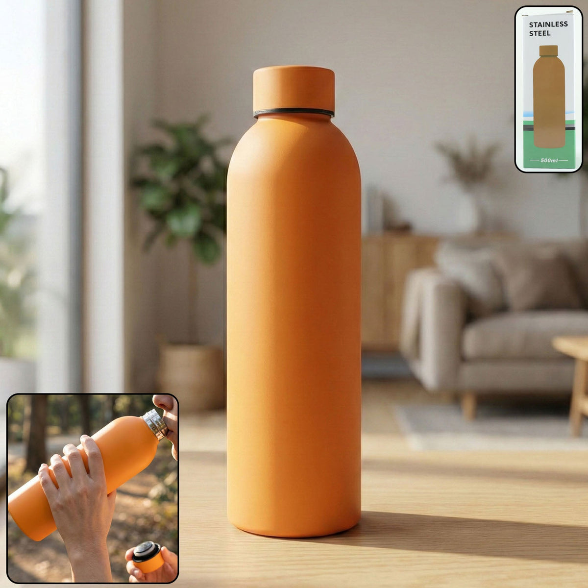 Orange insulated stainless steel water bottle, 500ml capacity