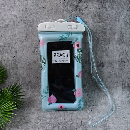 Waterproof transparent mobile pouch front view showcasing peach tropical design