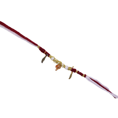 Ganesh Ji charm rakhi with feather dangles on beaded thread