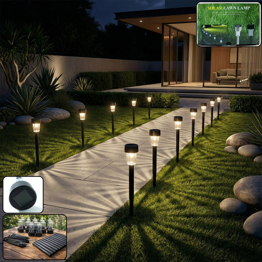 Solar powered lawn pathway light set illuminating garden pathway