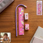Kids stationery set with pink-themed ruler, pencil, eraser, and sharpener