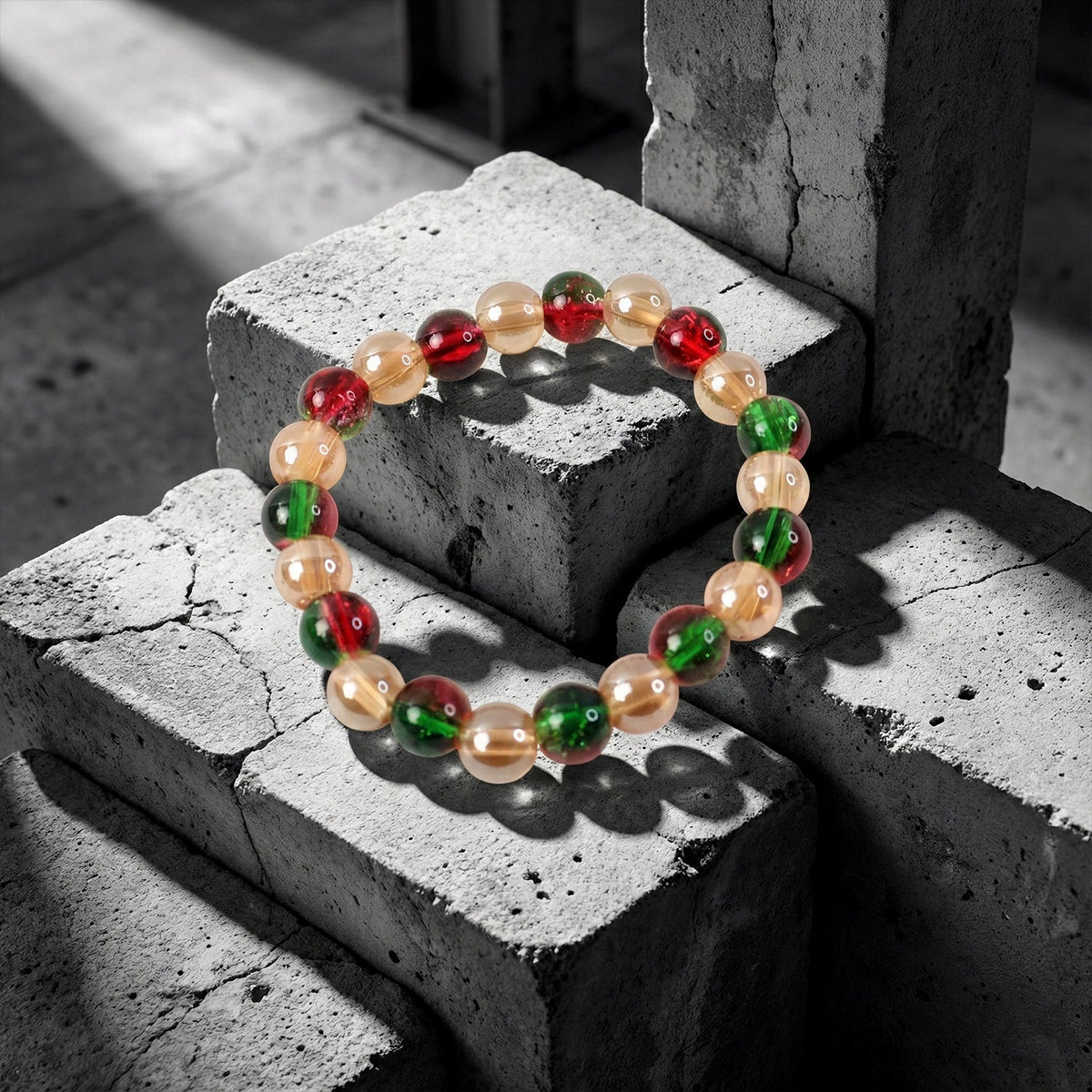 Glossy fashion beads making up colorful stretch bracelet for girls and women