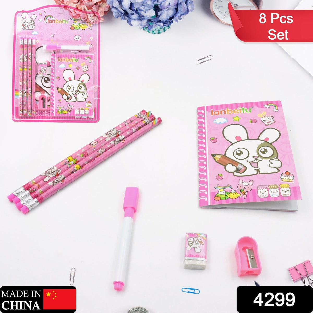 Full 8-piece Kids' Stationery Kit featuring a diary and wooden pencils.