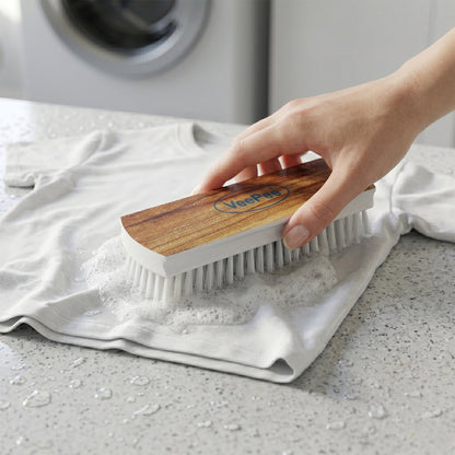Clothes washing scrub brush with wooden handle and golden bristles