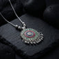 Antique silver-tone floral mandala pendant necklace with enamel accents and hanging ghungroo beads
